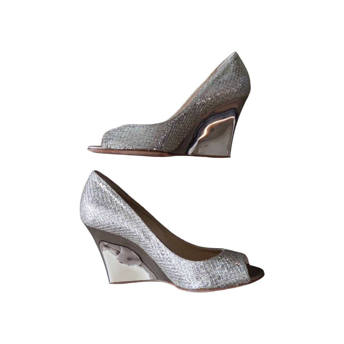 jimmy choo silver peep toe wedge heels