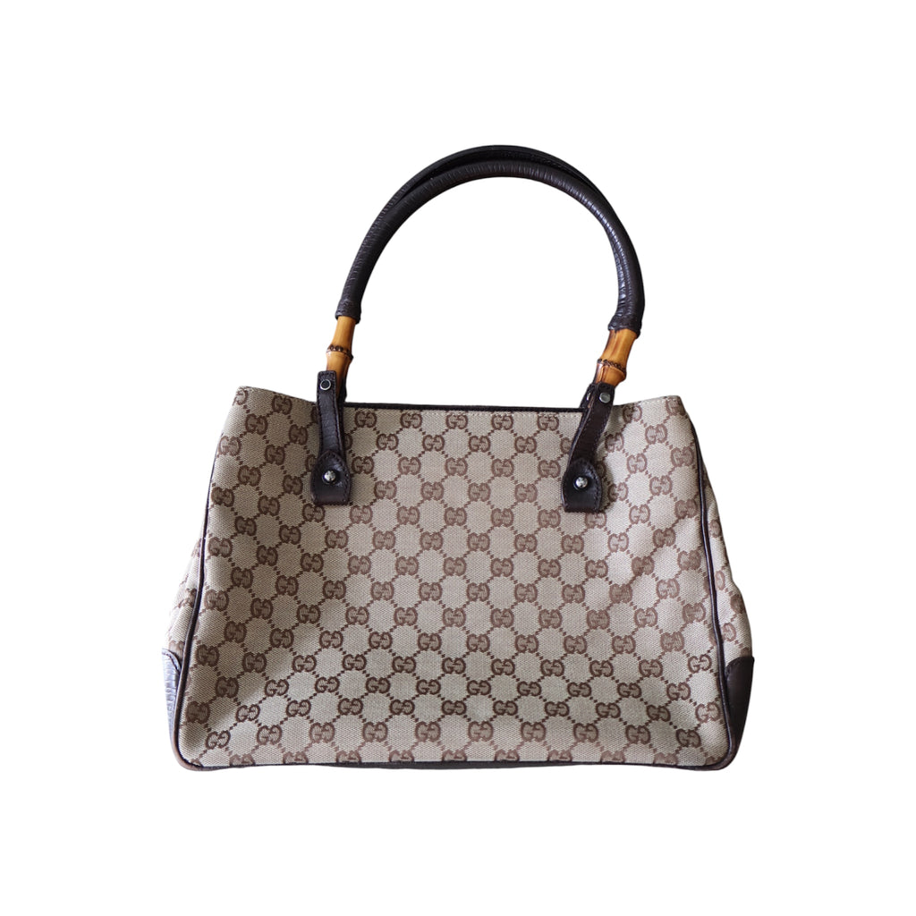 vintage gucci GG canvas shoulder bag with bamboo accents