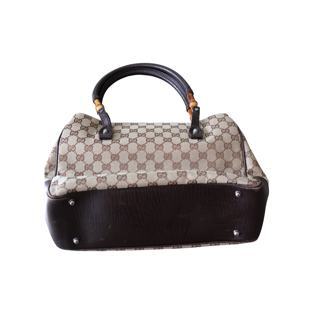 vintage gucci GG canvas shoulder bag with bamboo accents