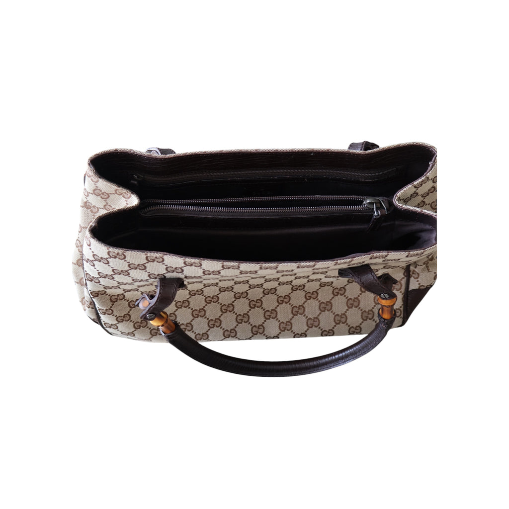 vintage gucci GG canvas shoulder bag with bamboo accents