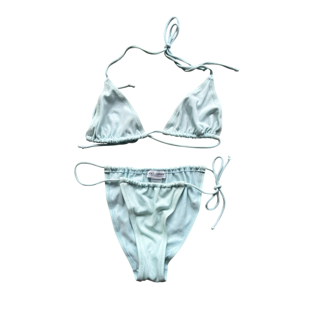 D&G baby blue string bikini with a classic triangle top and tie-side bottoms