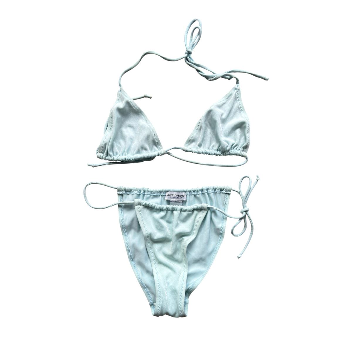 D&G baby blue string bikini with a classic triangle top and tie-side bottoms