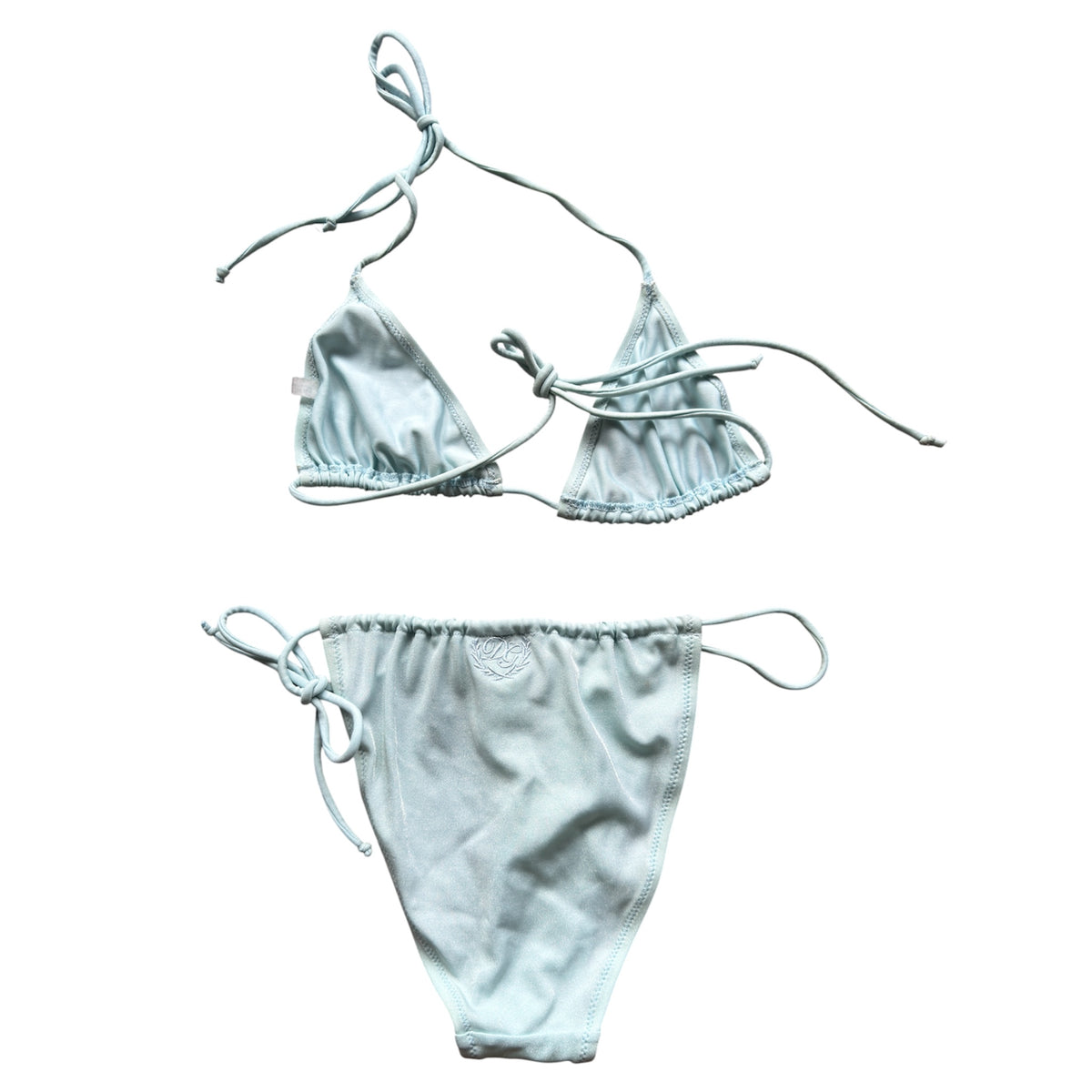 D&G baby blue string bikini with a classic triangle top and tie-side bottoms